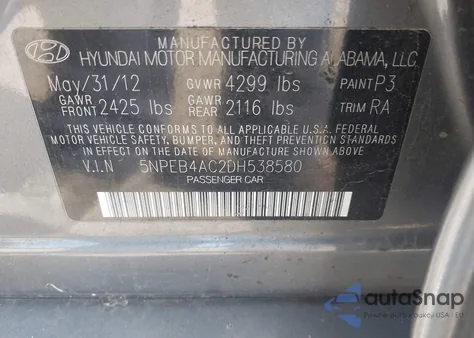 2013 Hyundai Sonata Gls из США, поврежденный, VIN 5NPEB4AC2DH538580
